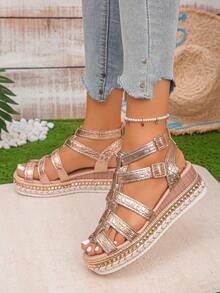 Women's Rivet Decor Ankle Strap Crocodile Embossed Wedge Platform Sandals, Vacation Style Summer Daily Outdoor Wear, Champagne Color - Champagne - View 3