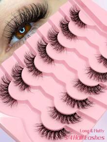 Asiteo 7 Pairs Luxury Thickened Random Eye Tail False Eyelashes, Faux Mink Half-Length Eyelashes With Clear Band, Cat Eye Style, Natural Fluffy Curly Full Coverage False Eyelashes, Essential Makeup Tool For Travel - Black - View 1