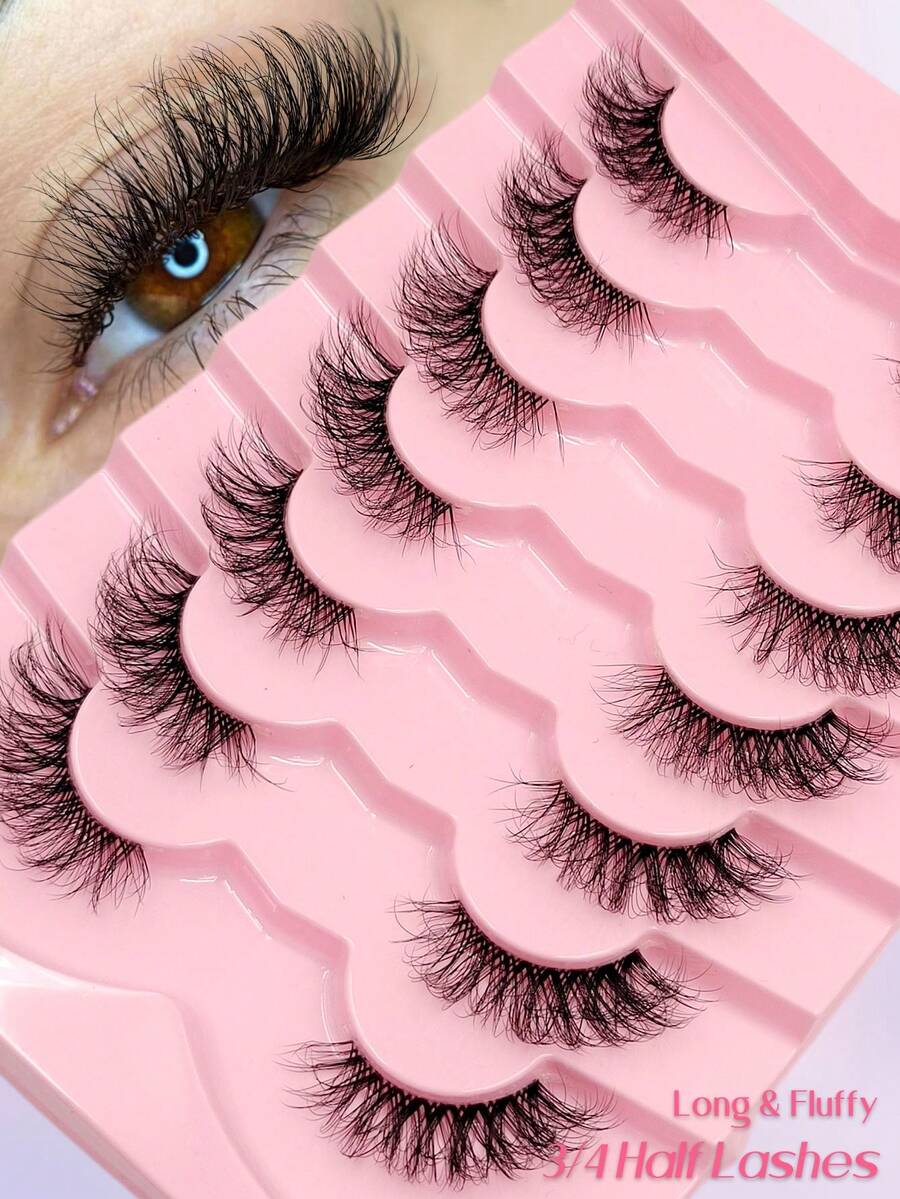 Asiteo 7 Pairs Luxury Thickened Random Eye Tail False Eyelashes, Faux Mink Half-Length Eyelashes With Clear Band, Cat Eye Style, Natural Fluffy Curly Full Coverage False Eyelashes, Essential Makeup Tool For Travel - Black - View 1