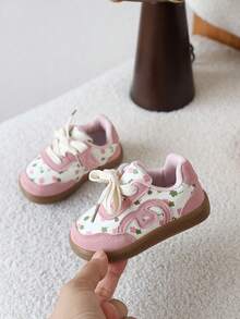 1 Pair Baby Girls' Retro Floral Soft Sole Casual Sneakers, Versatile Board Shoes - Pink - View 1