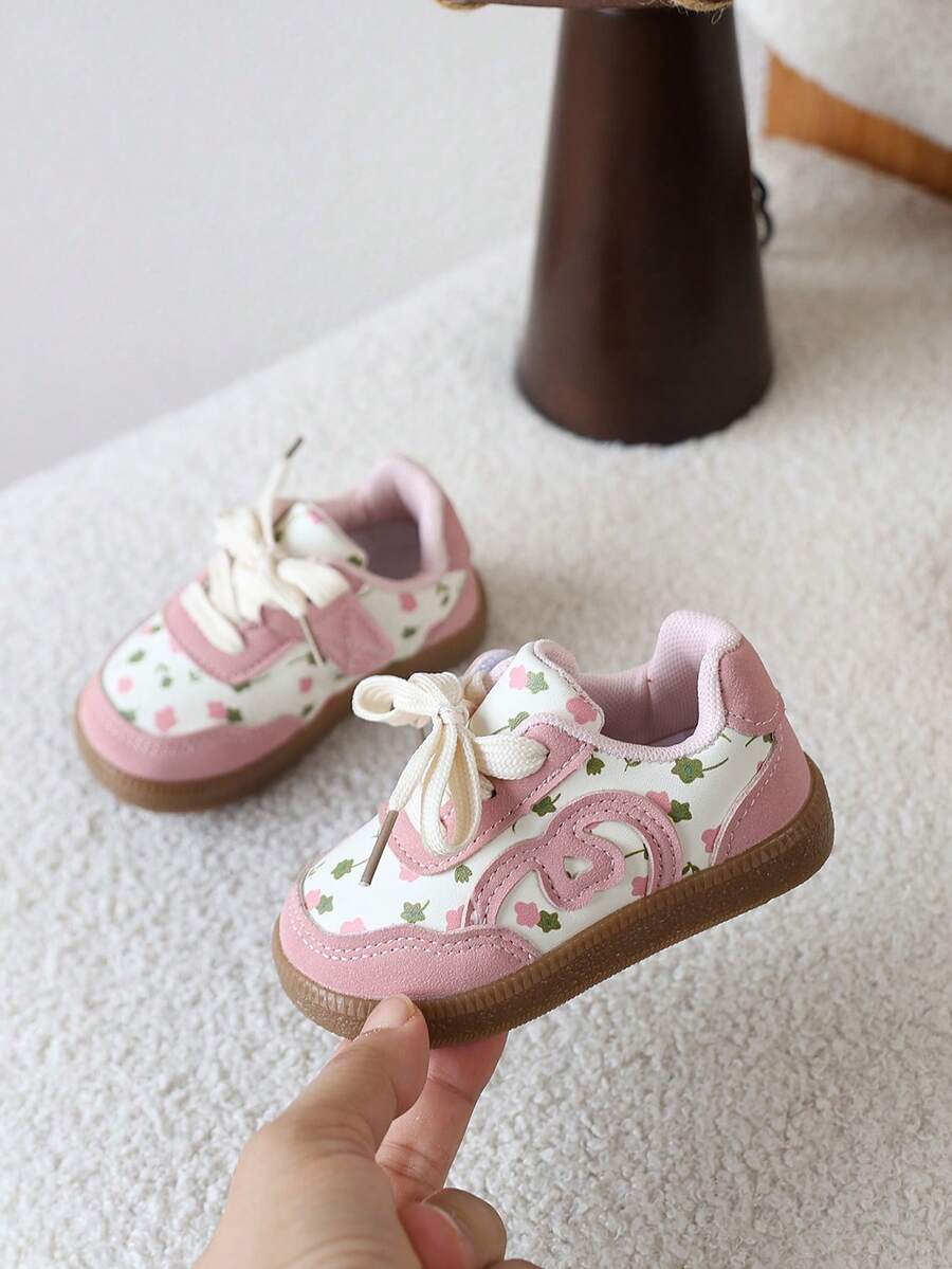 1 Pair Baby Girls' Retro Floral Soft Sole Casual Sneakers, Versatile Board Shoes - Pink - View 1