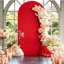 紅色拱門背景布 5ft/6ft/6.6ft/7.2ft 婚禮拱門套布 雙面彈力布貼合式圓拱背景布 生日派對婚禮拱門架裝飾布（不含拱門架，僅布料背景） - 紅色 - 查看 2