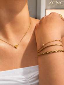 Juego de 4 piezas/Set Pulsera de cadena estilo dulce elegante minimalista chapada en oro de 18k para mujer, apilable con un collar de corazón, acero inoxidable 304 duradero, juego de joyas a juego para uso diario, adecuado para fiesta de Halloween, regalo de Navidad, atuendo de Año Nuevo - Dorado - Ver 3