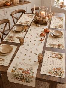 Autumn Mushroom Pattern "Autumn Blessing" Desktop Linen Table Flag+Placemat Set, Natural Style Home Decoration Table Flag, Foldable And Easy To Care For Kitchen Countertop Placemat, Autumn Decoration, Preferred Kitchen Supplies. - Multicolor - View 3