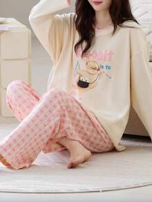 Women's Round Neck Cartoon Print Pajama Set, Shell Flower Long Sleeve Top + Pants With Pockets, Cute Pajama Set, Women's Loungewear Set - Apricot - View 6