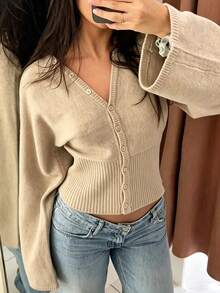 Women's Deep V-Neck Cinched Waist Knit Sweater, Casual Elegant Old Money Style, Versatile Layering Piece, Wool Blend - Khaki - View 3
