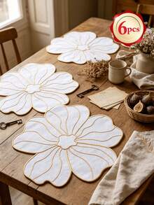 1-12pcs Large Petal White Gold Thread Embroidered Placemats, Southern French Cream Style Thickened Fabric Heat-Resistant Non-Slip Table Mats, Garden Party Anniversary Wedding Banquet Outdoor Picnic Spring Summer Table Decor - Multicolor - View 16