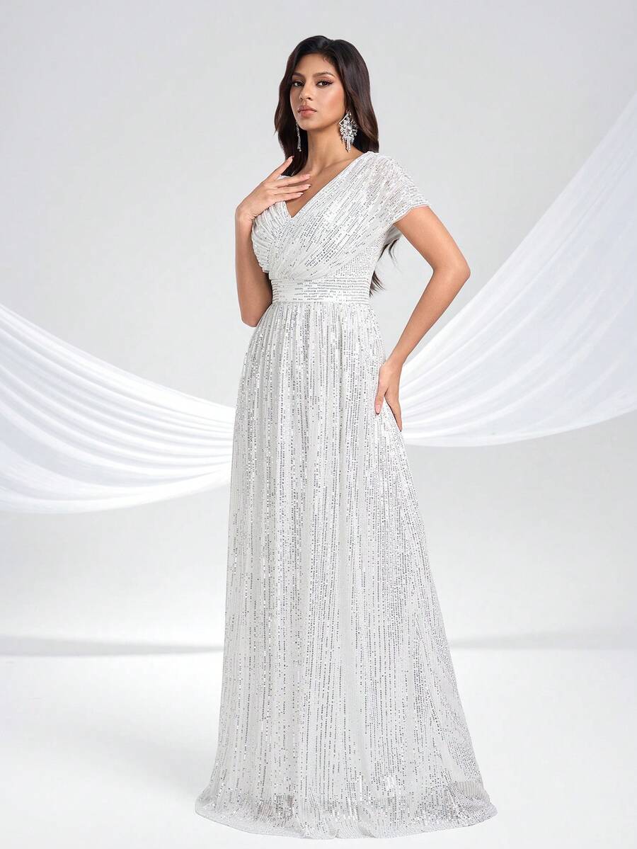 Women's Shiny Elegant Double V-Neck Ruched Evening Dress - White - View 1