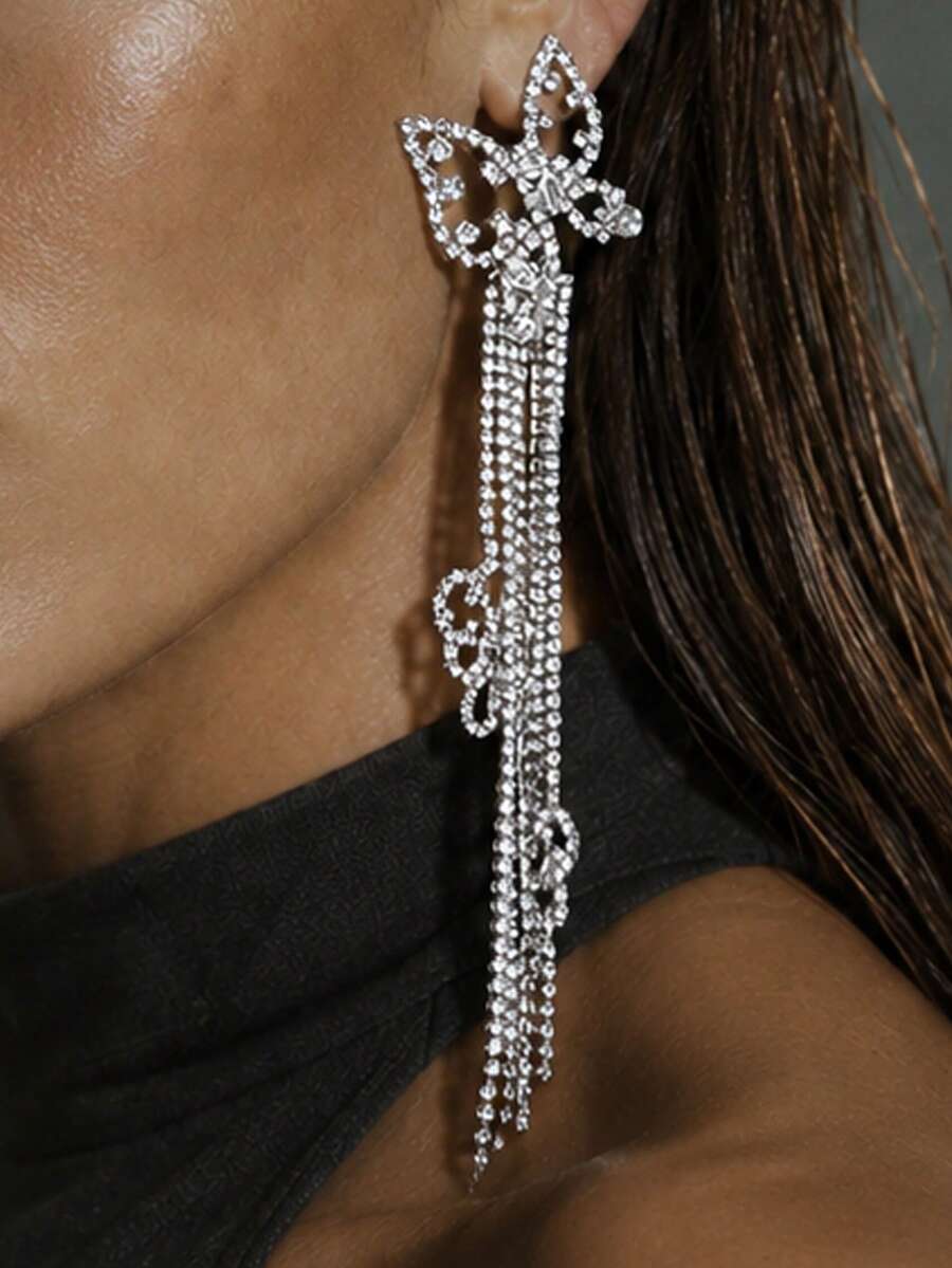 FAAABULS 1 Pair Personalized Fashion Long Butterfly Tassel Earrings, Sexy Versatile Women's Earrings For Holiday Wear - Silver - View 1