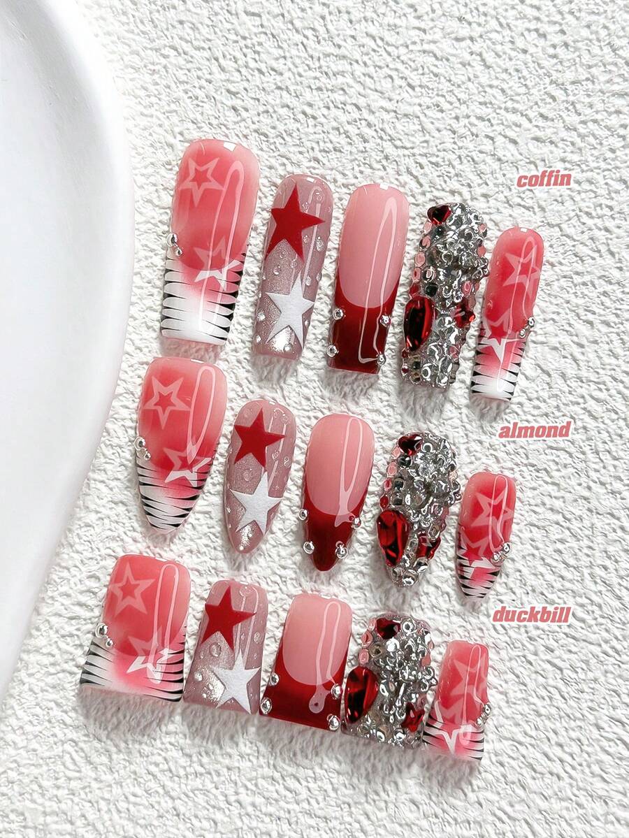 10片裝 Y2K 風格手工穿戴甲，Poly Gel 凝膠美甲套組，星星圖案，紅粉色系，美式成熟女性風，附美甲工具，3 種尺寸可選，杏仁形、鴨嘴形、棺材形，適合派對、跳舞、日常配戴 - 彩色 - 查看 1