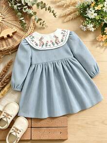 Baby Girl Corduroy Long Sleeve Dress With Rabbit And Floral Print Collar, Fresh And Gentle Style, Pastoral Charm, Suitable For Spring, Autumn, Early Winter Daily Outings And Gatherings - Dusty Blue - View 2