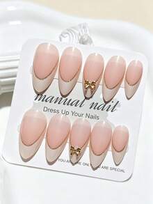 10pcs Handmade French Short Nail Stickers, Includes White, Pink, Gold, Blue And Yellow 5 Colors, Cute And Charming Design, Each Nail Sticker Decorated With Hand-Painted Vine Pattern Wrapped Around Metal French Edge - Dusty Pink - View 2