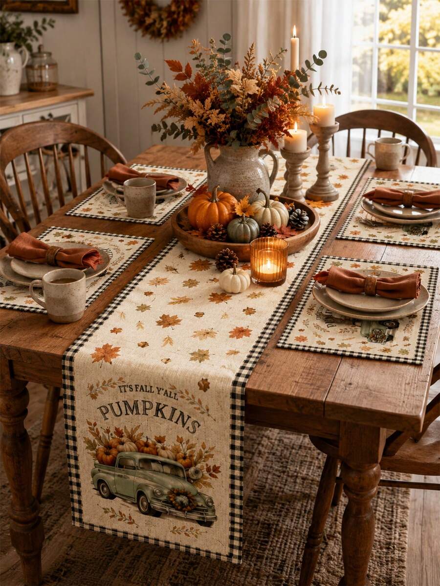 Autumn Pumpkin Cart Linen Meal Mat - Flag Set, Beige Rectangular Flag Decoration, Suitable For Rural Farmhouses, With Grid Border Meal Mats, Suitable For Autumn Home Decoration, Thanksgiving Parties, Kitchen Table Decoration Supplies. - Multicolor - View 1