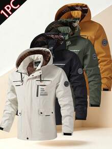 Men's Letter Print Hooded Utility Jacket, Casual Outdoor Long Sleeve Coat - Beige - View 9