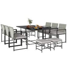 Outsunny 11 Pieces Wicker Patio Dining Set, Rattan Outdoor Furniture Set With 6 Armchairs, 4 Stools, Tempered Glass Table Top, Removable Cushions, For Backyard, Poolside, Balcony - Gris Claro - Ver 10