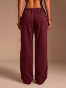 Women's Casual Loose Minimalist Solid Color Elastic Waist Sweatpants With Pockets - Burgundy - View 5