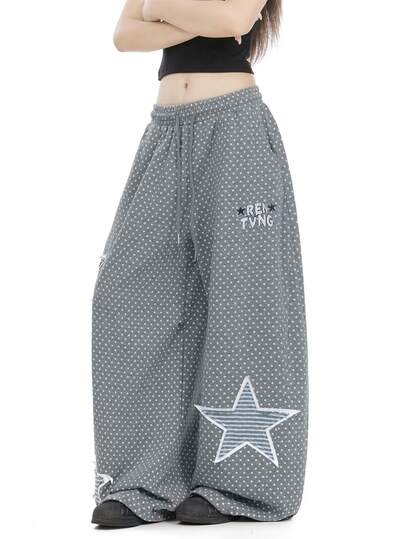 Women's Summer Polka Dot & Star Embroidered Curved Hem Barrel Leg Pants, Retro Slimming Drapey Casual Trousers