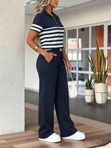 Women's Spring And Summer Outfit Casual Two-Piece Set Short-Sleeve Top With Solid Color Pants Suitable For Everyday, Street, And Sports - Royal Blue - View 6