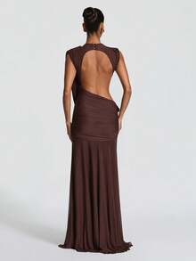 Elegant Sexy Backless Party Dress, Round Neck Pleated Design, Backless Detail, Perfect Choice For Parties - Brown - View 3