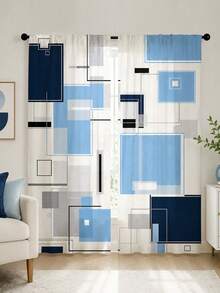 2pcs Creative Geometric Cube Digital Print, Multi-Color Palette, Minimalist Modern Style, Suitable For Bedroom, Living Room, Rental Home Decor, Semi-Sheer, Rod Pocket Installation - Multi-color D - View 5