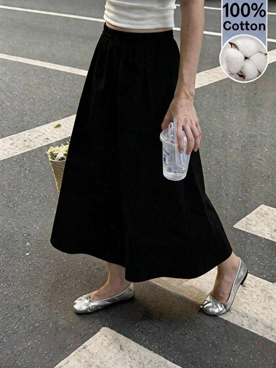 Women's Stretch Waist Poplin Long Flared Skirt - Black - View 1