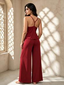 Temptuelle 2pcs Women's Sexy Lingerie Set, Adjustable Strap Camisole + Long Pajama Pants, Solid Color Sleepwear Set With Ruffle Lace Trim - Burgundy - View 3