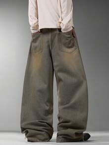 Men's Japanese Retro Vintage Wide Leg Jeans, Unique Street Print Design, Fashion Casual All-Season Long Pants (No Belt & Accessories Included) - Blue - View 2