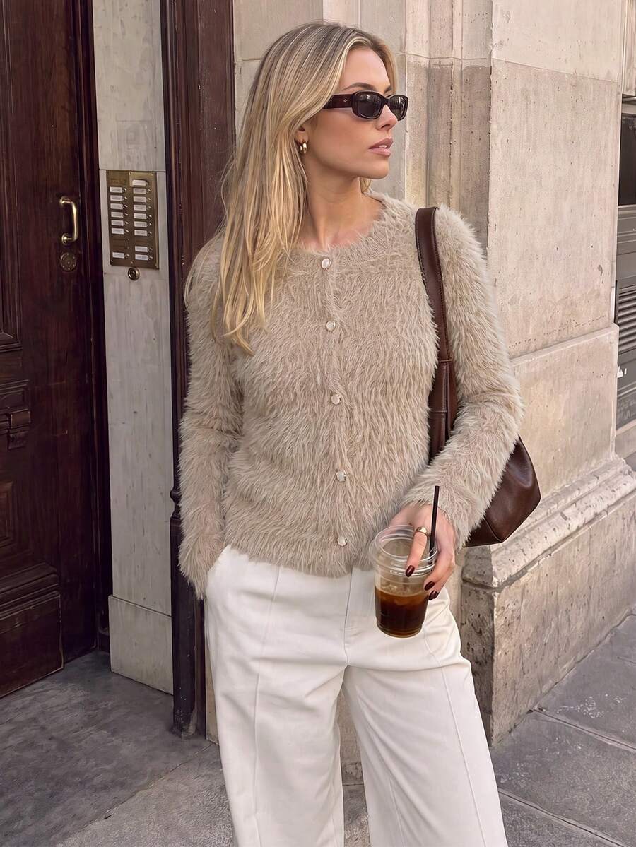 Women Fuzzy Knit Solid Crew Neck Button Down Long Sleeve Regular Cardigan Top - Khaki - View 1