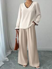 abyoxi V Neck Contrast Black Trim Blouse Women Elegant Puff Long Sleeve Flare Cuff Satin Shirt Casual Office Daily Wear Chic Loose Fit Tops - Apricot - View 7
