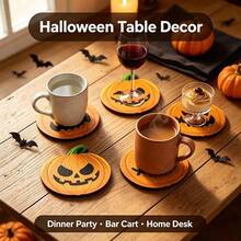 4pcs Wooden Halloween Pumpkin Coasters, Non-Slip Heat-Resistant Drink Mats, Scary Jack Pumpkin Cup Holders, Suitable For Holiday Party Home Kitchen Dining Table Decor - Orange - View 4