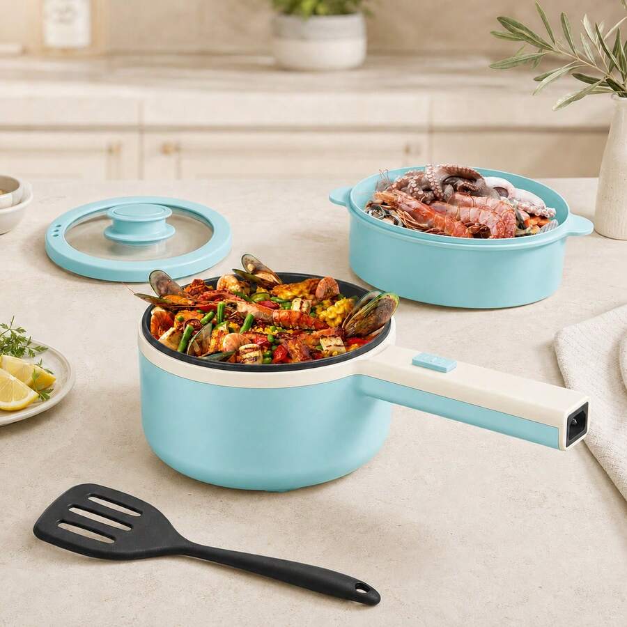 Reemix Hot Pot Electric With Steamer, 1.6L(54.11oz) Ramen Cooker Non-Stick Sauté Pan For Steak, Egg, Fried Rice, Ramen, Oatmeal, Soup, Portable Personal Hot Pot Perfect Suit For Dorm Room And Apartment - 青碧色 - 查看 1