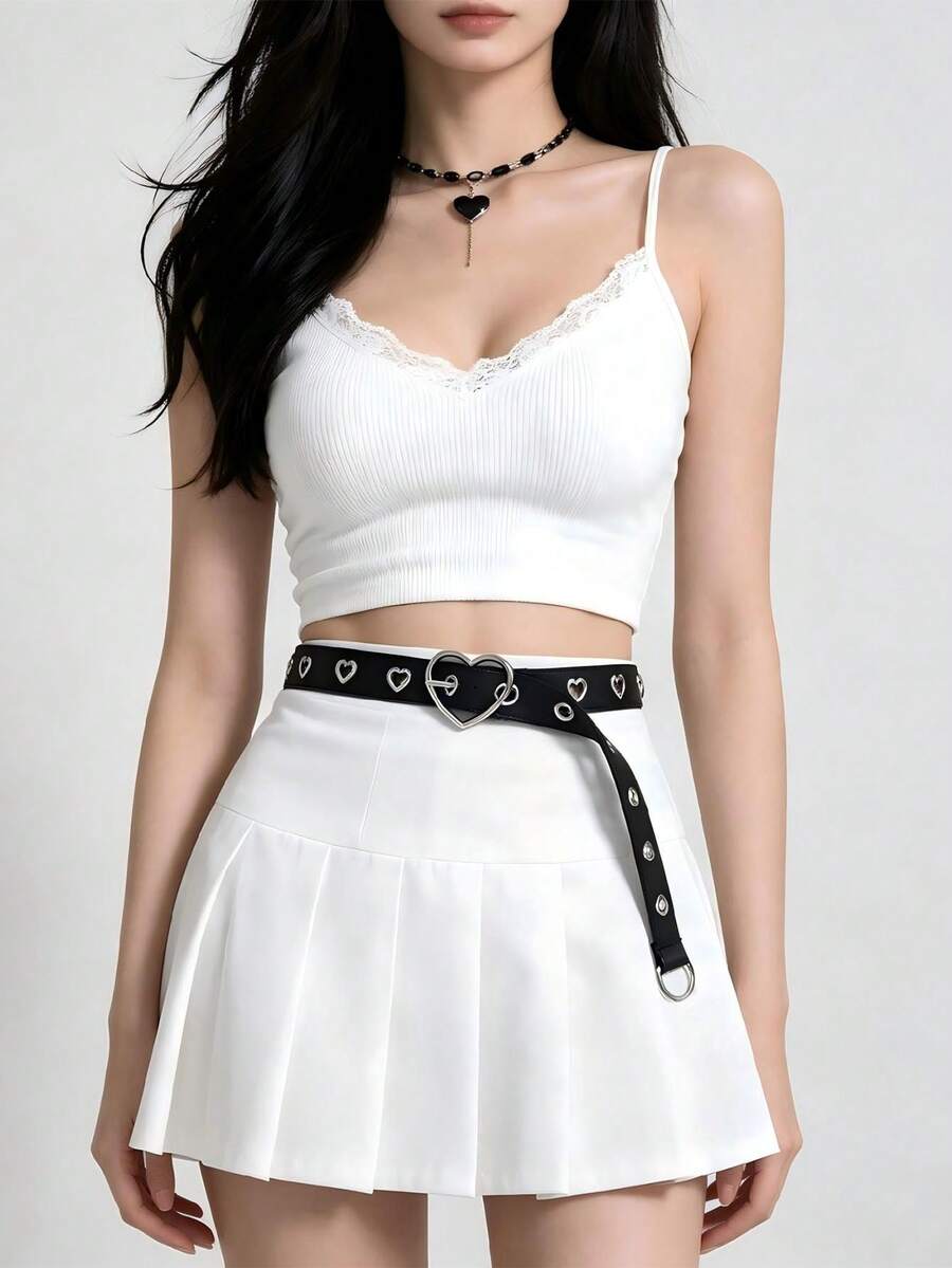1pc Women's Dark Black Heart Buckle PU Adjustable Hollow Heart Decor Belt, Punk Gothic Style Fashion Waist Accessory For Skirts And Dresses - Black - View 1