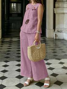 Women's Summer Solid Color Casual Embroidered Round Neck Sleeveless Top And Long Pants 2-Piece Set - Lilac Purple - View 4