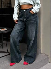 Women's Casual Elegant Washed Denim Wide Leg Pants, Decorated With Cat Whisker Pattern, Medium Stretch, Perfect Choice For Autumn - Blue-gray - View 4
