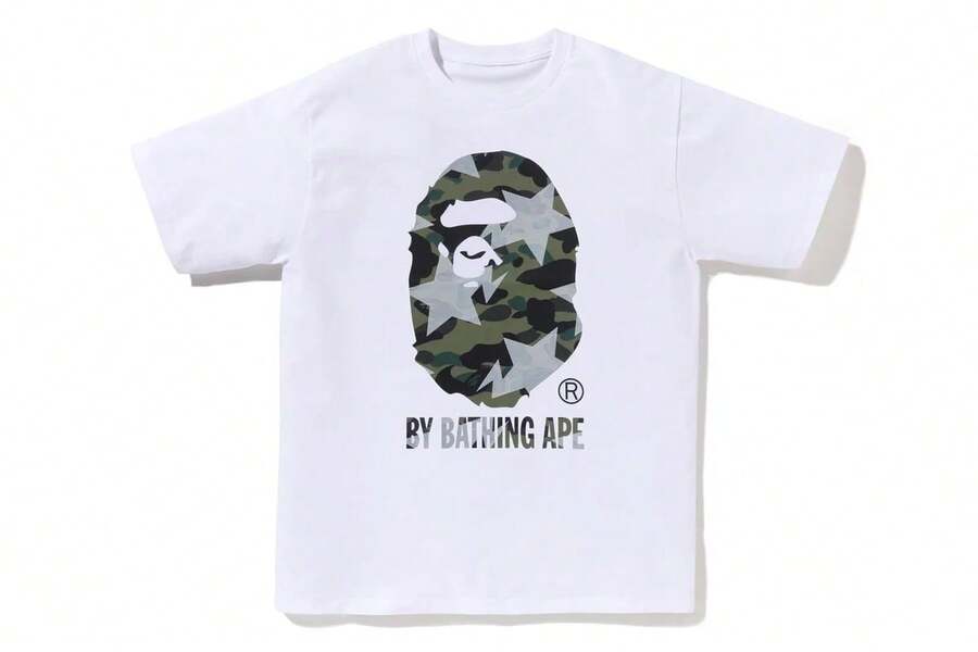 Ape Head Graphic Tee, Camiseta con Gráfico de Cabeza de Simio, Estilo Casual Diario Hip Hop, Algodón Puro Suave, Cuello Redondo, Unisex, para Verano - Blanco - Ver 1