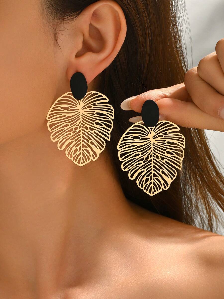 1對時尚極簡鏤空葉片造型耳環,適合女性日常配戴 - 金色-E1179 - 查看 1