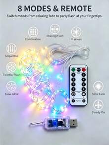 USB Copper Wire Curtain Fairy Lights – Flexible Hook-Free Drape, Flat Beads Non-Glare, 8 Modes Remote, Low-Voltage For Bedroom Window Wedding Party Indoor Decor - Colored Light - View 12