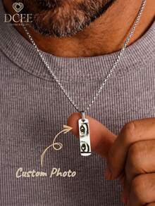 1PC Men's Customized Eye Photo Necklace, Stainless Steel Laser Photo Necklace, 60cm Rectangular Pearl Chain Necklace With Customizable Photo, Personalized Long Pendant Necklace Engraved With Eye Photo, Couple Eye-To-Eye Necklace For Boyfriend, Commemorative Eye Pendant Necklace - Silver - View 1