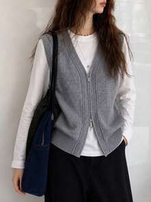Cardigan Vest Wanita Kasual Minimalis Serbaguna dengan Desain Resleting, Musim Gugur/Musim Dingin - Grey - View 1