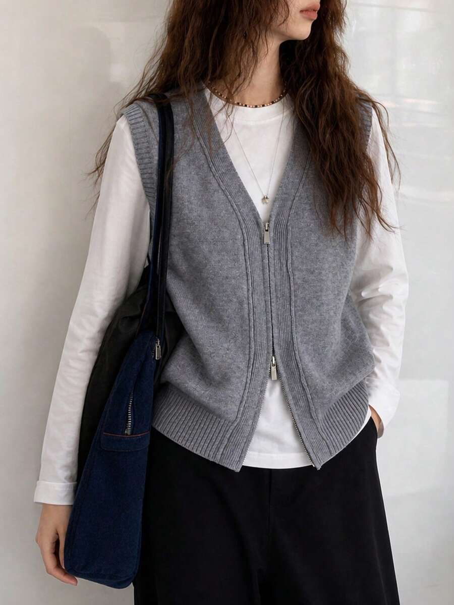 Cardigan Vest Wanita Kasual Minimalis Serbaguna dengan Desain Resleting, Musim Gugur/Musim Dingin - Grey - View 1