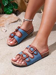 Vintage Denim Blue Adjustable Design Double Strap Double Buckle Women's Slippers, Women's Summer Outdoor Casual Sandals - Denim - View 4