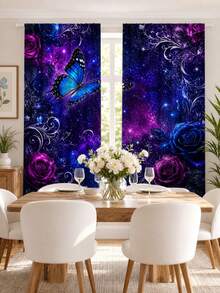 2件裝穿桿式窗簾，星空藍蝴蝶紫色玫瑰印花半透明隱私窗簾，聚酯纖維數位印花濾光窗簾，適用臥室客廳居家裝飾 - 多色1 - 查看 11