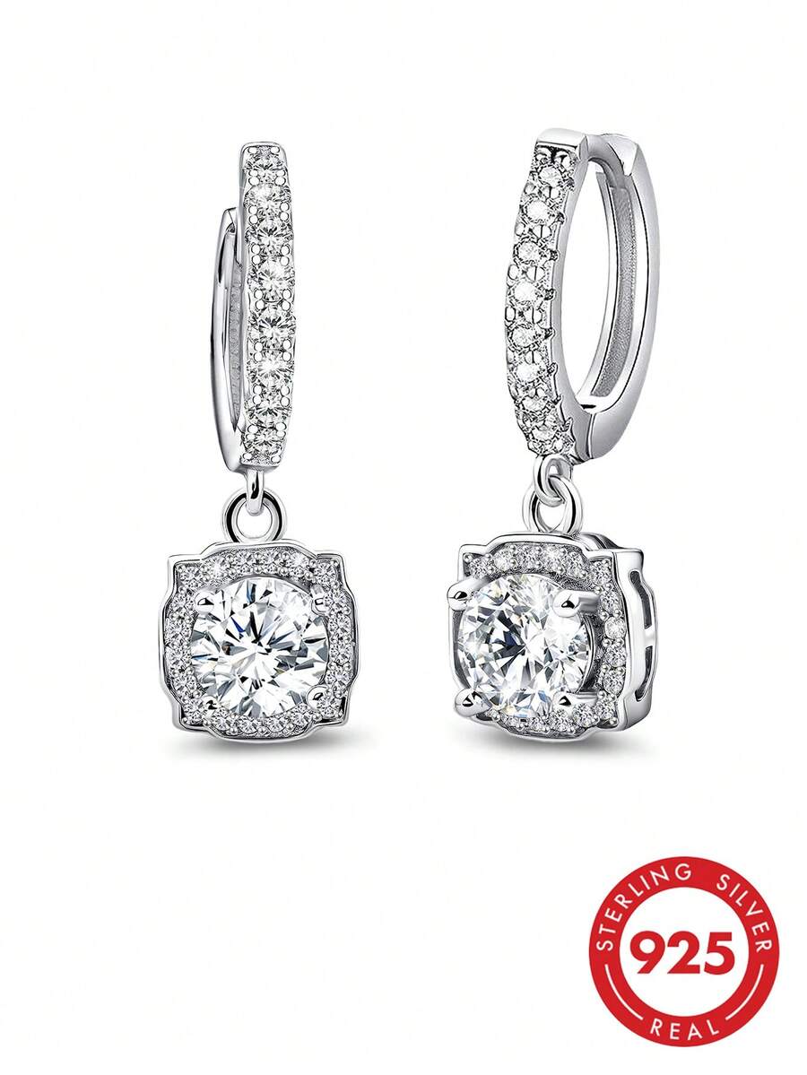 BRLINEY Sterling Silver Dangle Hoop Earrings For Women - Classic Hypoallergenic Round Cubic Zirconia Dangling Earring Gifts For Her Wife Mom - Silver - View 1