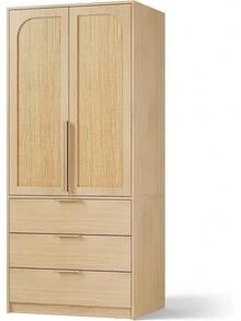 70 Inch Wooden Wardrobe Armoire Bedroom Storage Cabinet Freestanding Closet With Three Drawers Hanging Rod Adjustable Shelves Large Capacity Furniture Natural Oak - Natural - View 9