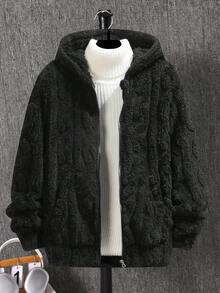 1pc Tween Boys Plush Textured Zip-Up Hooded Jacket, Thick Fleece Coat, Suitable For Boys Back To School Wear, Autumn Winter Casual Wear - Black - View 1