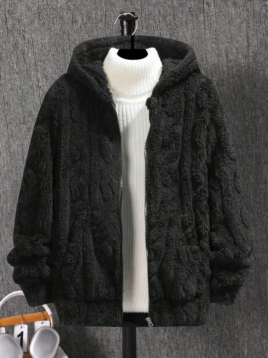 1pc Tween Boys Plush Textured Zip-Up Hooded Jacket, Thick Fleece Coat, Suitable For Boys Back To School Wear, Autumn Winter Casual Wear - Black - View 1