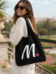 Pink Heart Letter A-Z Pattern Vest-Style Shoulder Bag, Women's Casual Canvas Tote Bag, Suitable For Vacation, Beach And Daily Life, Perfect Gift For Women, Mothers, Teachers, Friends And Bridesmaids, Large Capacity Bag, Students, Back To School Season, Portable Casual Storage Tote Bag, Multi-Functional Shopping Bag, Novel Design, Large Capacity, Ideal For Shopping, Shoulder Bag, Tote Bag, Lunch Bag, Lunch Box And More. - Multicolor - View 6