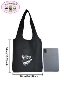 Fashionable Minimalist Versatile Cartoon Print Canvas Bag - Black - View 6
