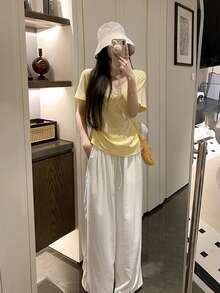 Women's Solid Color Drawstring Waist Casual Loose Wide Leg Pants - White - View 4