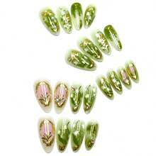24pcs Almond-Shaped Short Press-On Nails, Green Floral Pattern, Glossy, 3D Rhinestone Decor, Detachable Sweet Orchid Style False Nails, Suitable For Spring & Autumn, Nail Art Supplies - Multicolor - View 3